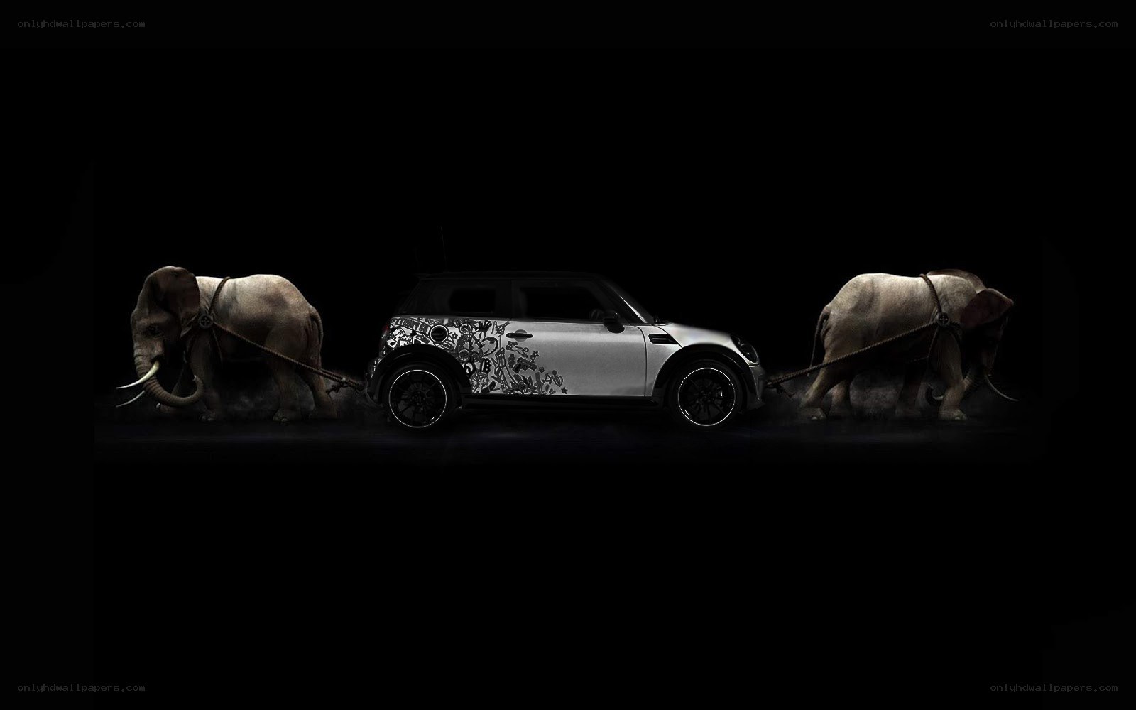Elephants pulling a car
