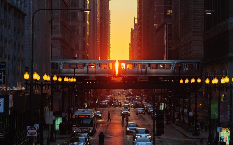 Elevated Train at Sunset