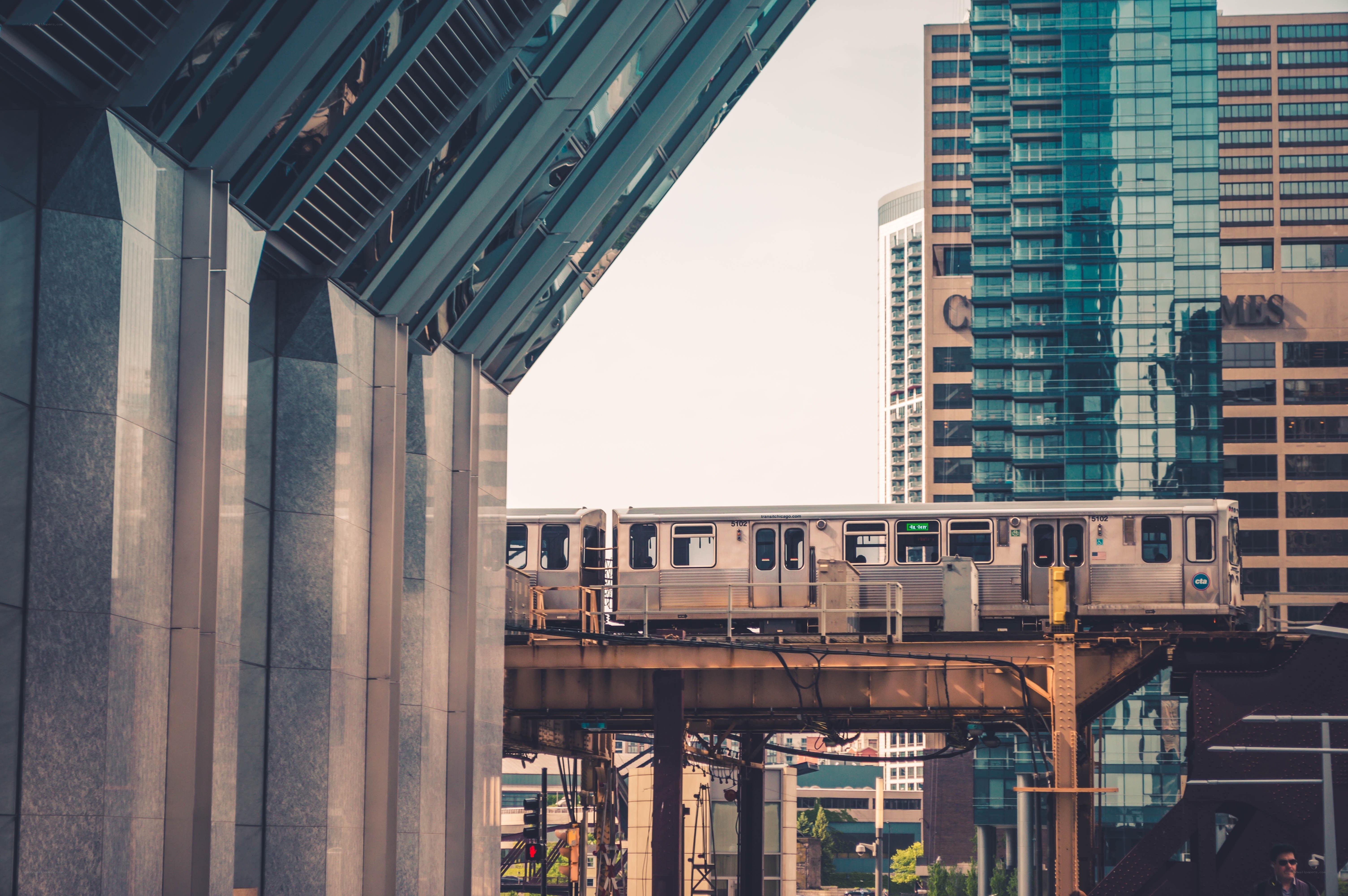 Elevated train in urban landscape