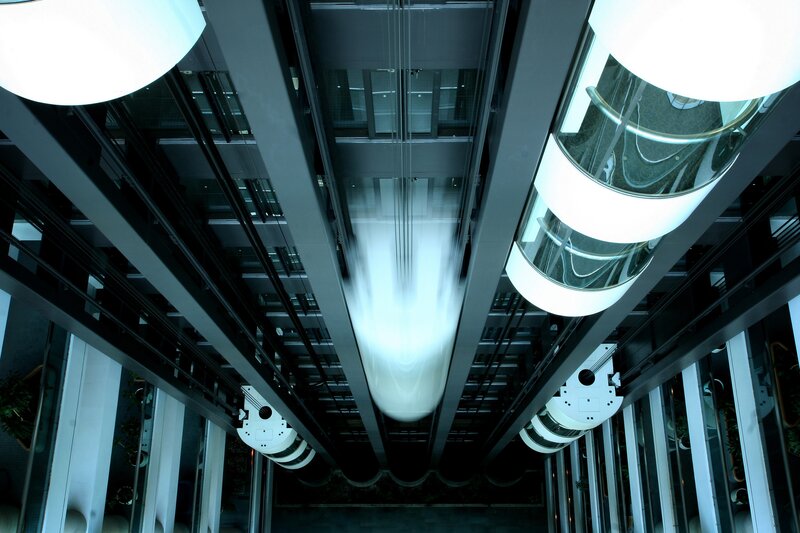 Elevator Shaft Interior — Black, Dramatic, Photograph, Elevators