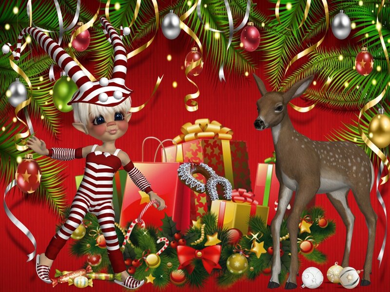 Elf and Deer in Holiday Scene