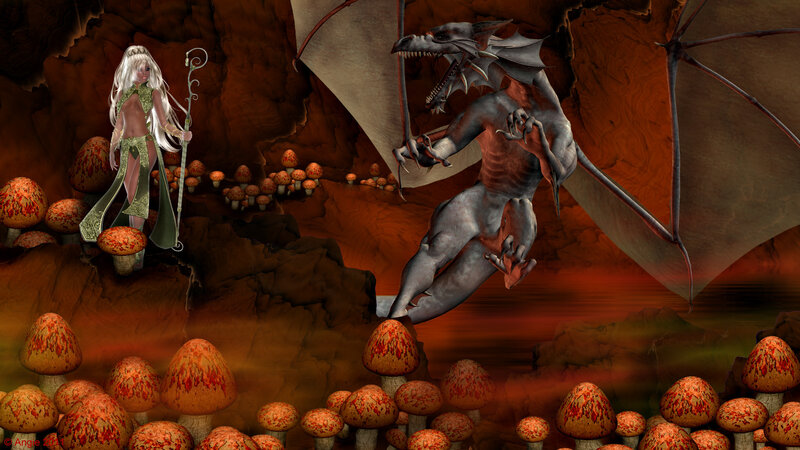 Elf and Dragon in Cave