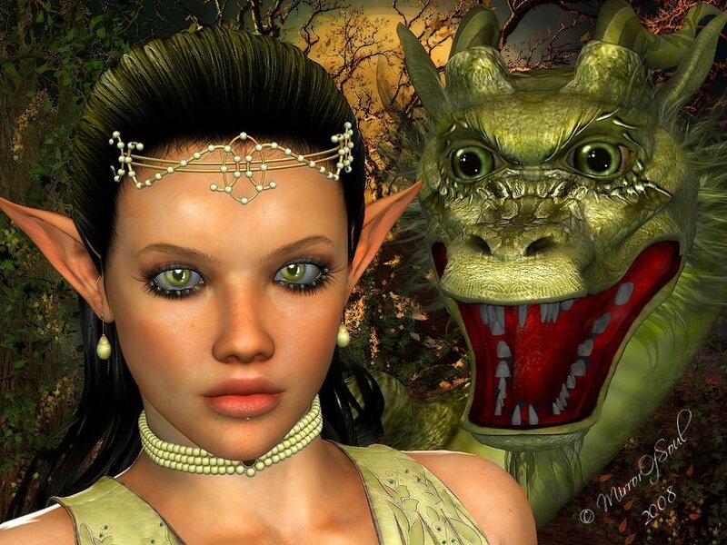 elf and dragon in forest