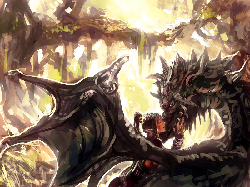 Elf and Dragon in Forest — Yellow