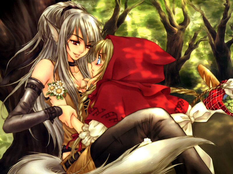 Elf and Red Riding Hood in forest