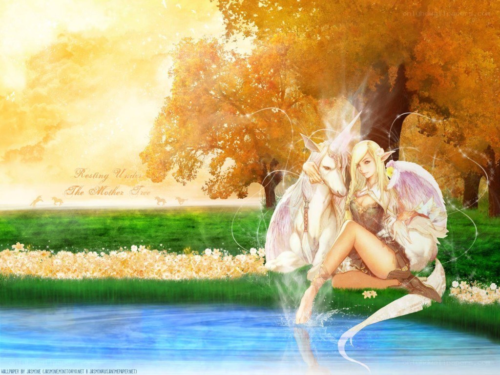 Elf and unicorn by a pond