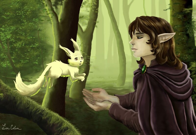 elf and white fox in forest