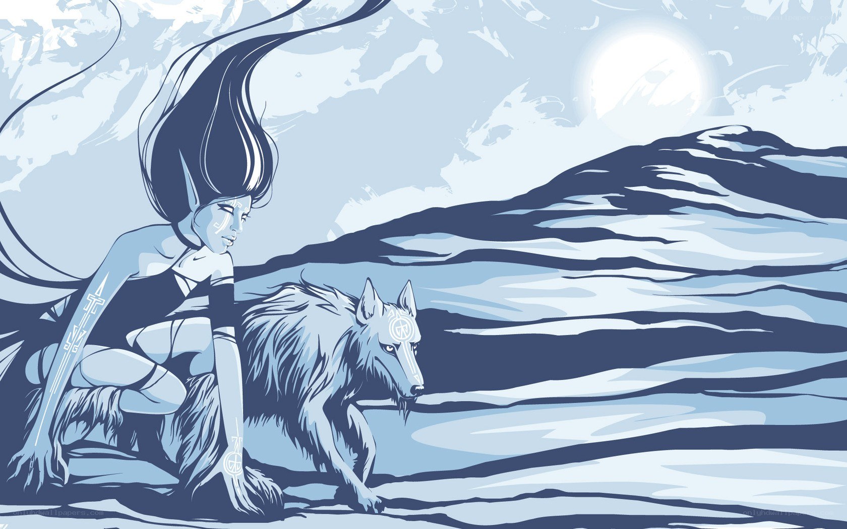 elf and wolf in snowy landscape