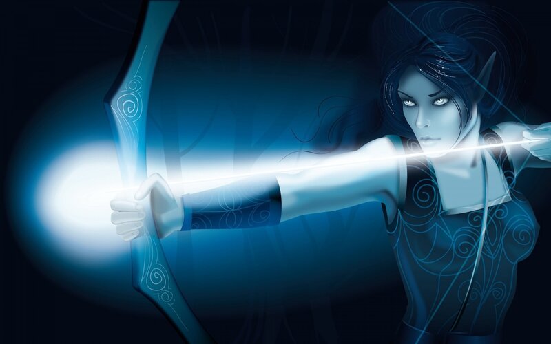 Elf Archer Aiming Bow — Blue, Dramatic, Night, Digital Art, Arrow, Forest