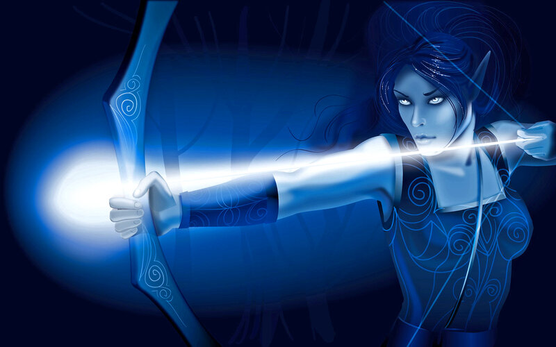 Elf Archer Aiming Bow — Blue, Dramatic, Night, Digital Art, Arrow, Glow