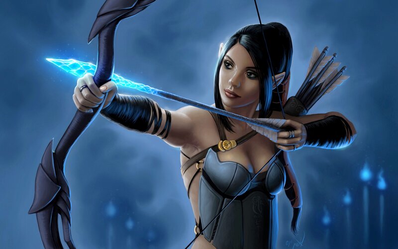 Elf Archer Aiming Bow — Blue, Dramatic, Night, Digital Art, Arrow