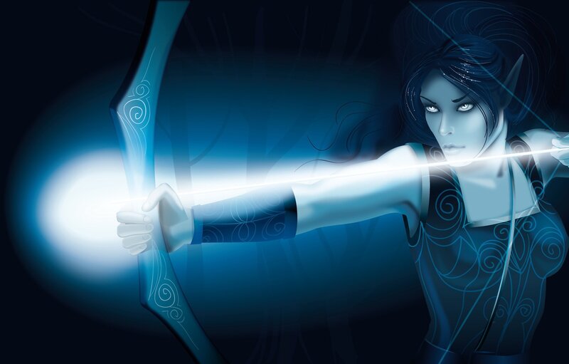 Elf Archer Aiming Bow — Blue, Dramatic