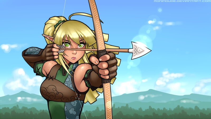 Elf Archer Aiming Bow — Blue, Focused, Afternoon