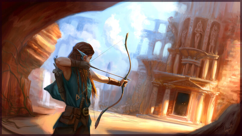 Elf Archer Aiming Bow — Brown, Dramatic, Afternoon