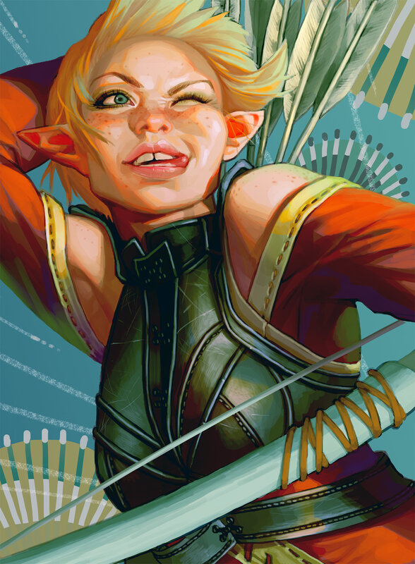 Elf Archer Aiming Bow — Green, Focused, Digital Art, Arrow