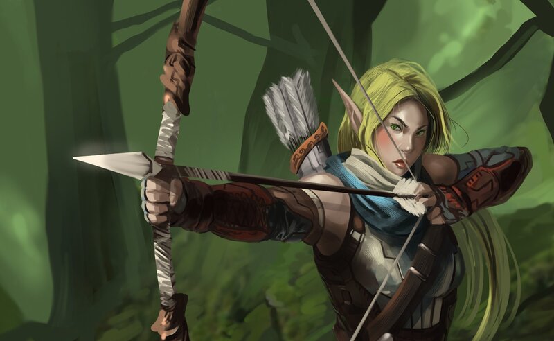 Elf Archer Aiming Bow — Green, Focused, Digital Art