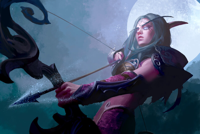 Elf Archer Aiming Bow — Purple, Dramatic, Night