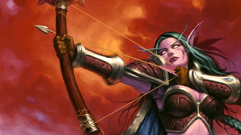 Elf Archer Aiming Bow — Red, Dramatic, Digital Art