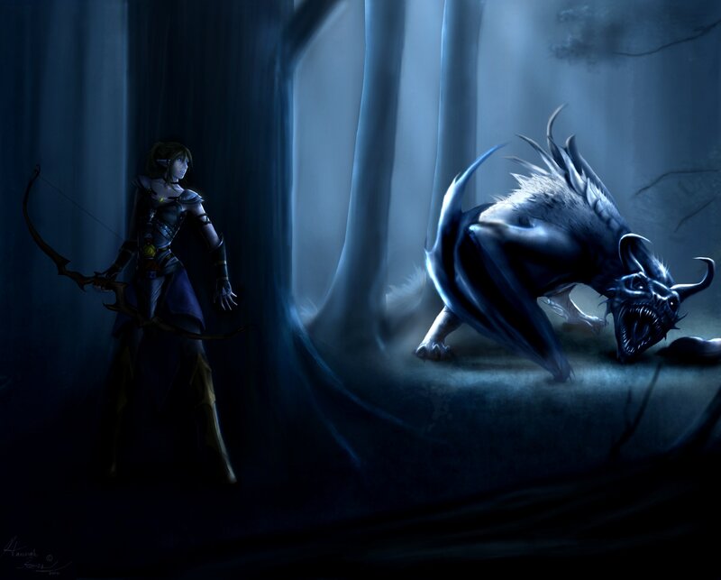 elf archer confronts a beast