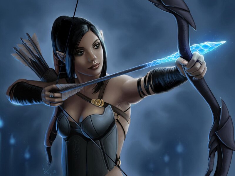 Elf Archer Drawing Bow — Blue, Dramatic, Night, Digital Art