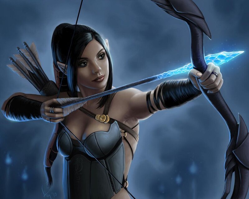 Elf Archer Drawing Bow — Blue, Dramatic, Night