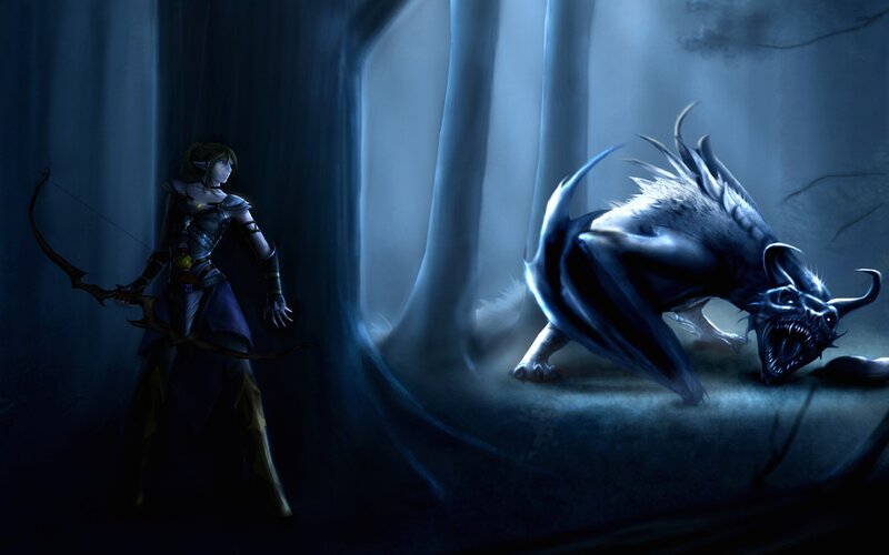 Elf Archer Facing Monster — Blue, Dark