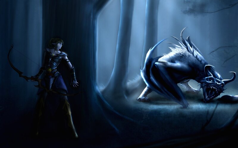 Elf Archer Facing Monster — Blue