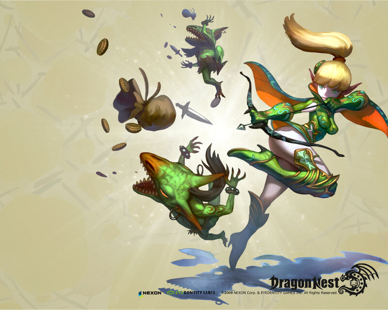 Elf Archer Fighting Monsters — Green, Action-packed