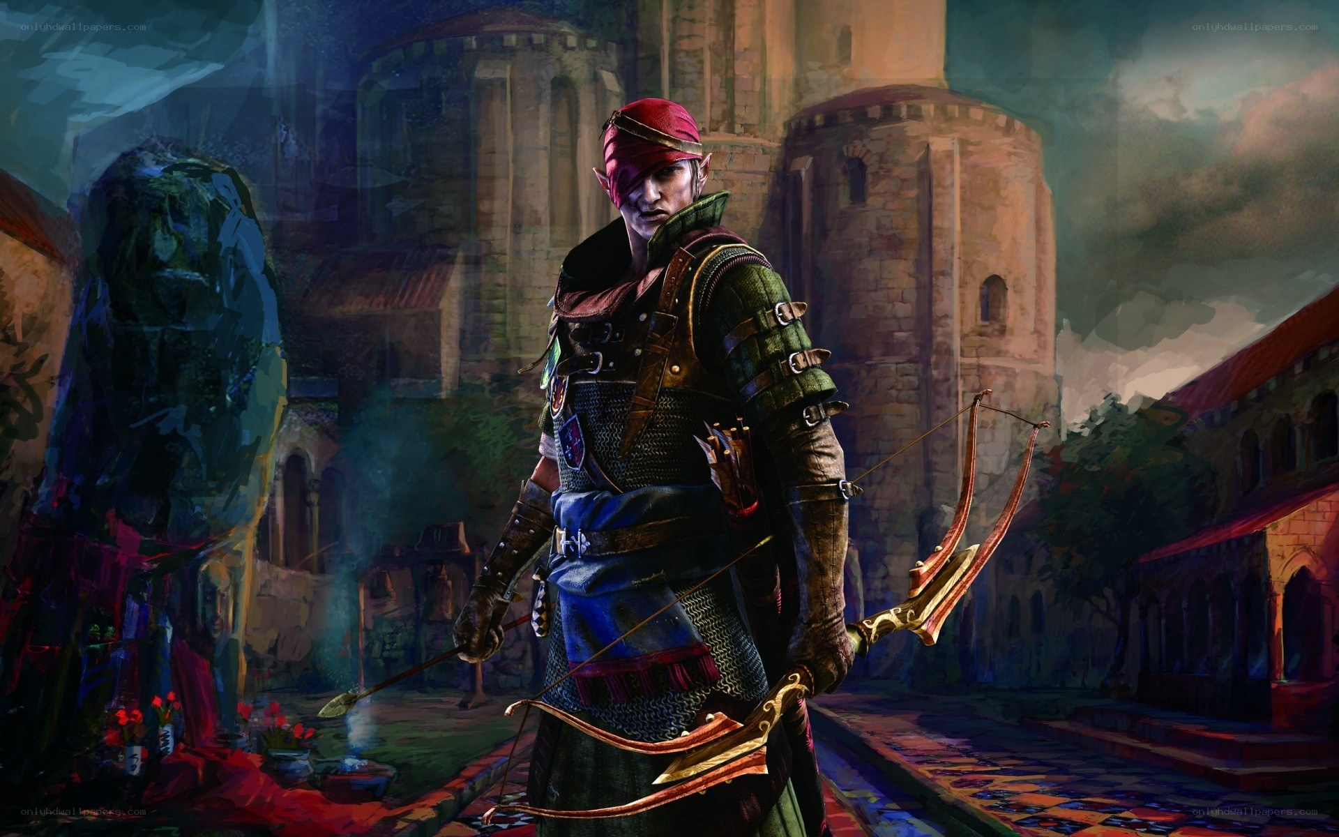 elf archer in a medieval town