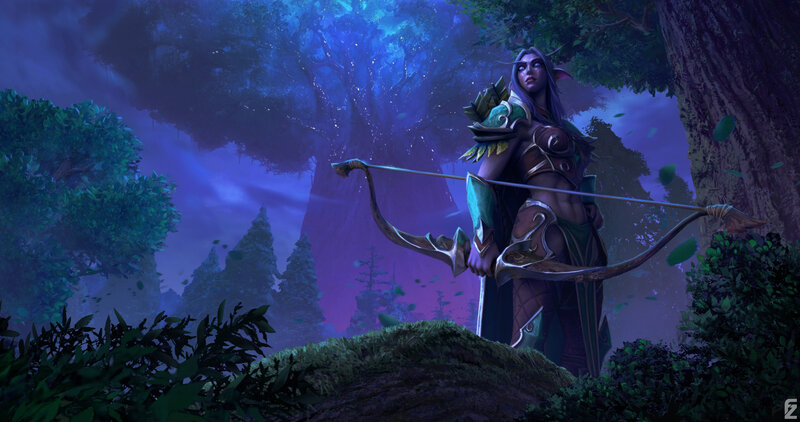 Elf Archer in Forest — Blue, Dramatic, Night, Digital Art