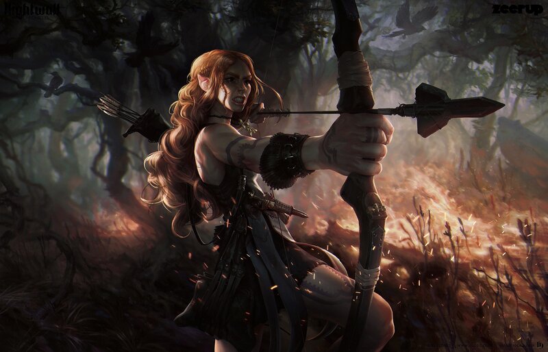 Elf Archer in Forest — Brown, Dramatic, Night