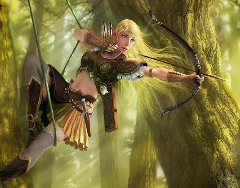 Elf Archer in Forest — Green, Dramatic, Afternoon, Digital Art, Bow and Arrow