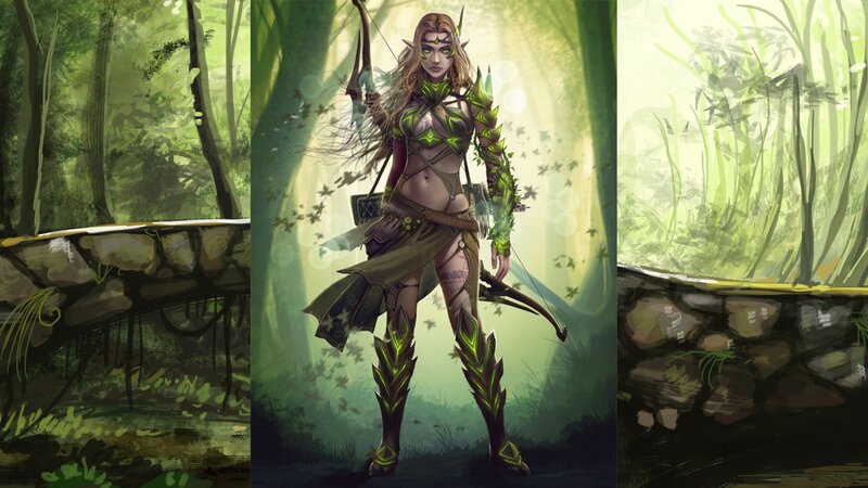 Elf Archer in Forest — Green, Dramatic, Afternoon, Digital Art, Bow, Armor, Brown