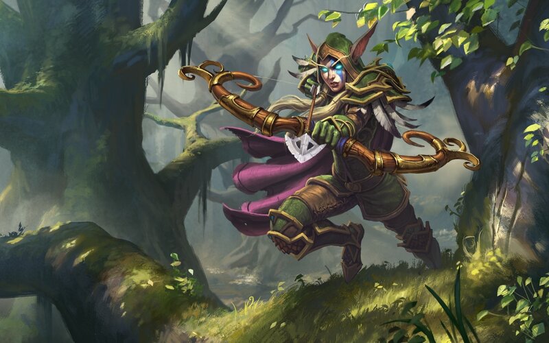 Elf Archer in Forest — Green, Dramatic, Afternoon, Digital Art, Bow, Armor