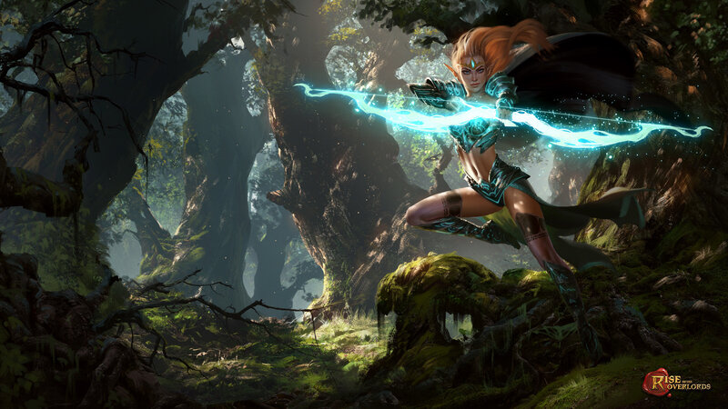 Elf Archer in Forest — Green, Dramatic, Afternoon, Digital Art, Bow, Magic