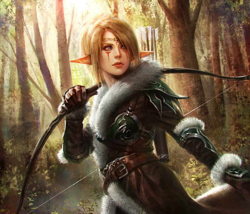 Elf Archer in Forest — Green, Dramatic, Afternoon, Digital Art, Bow
