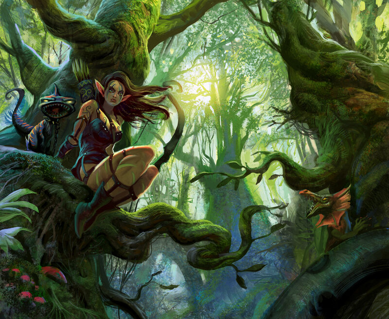 Elf Archer in Forest — Green, Dramatic, Afternoon, Digital Art, Dragon