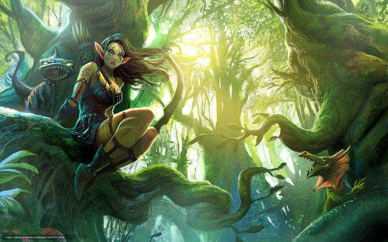 Elf Archer in Forest — Green, Dramatic, Afternoon, Digital Art, Dragon, Tree