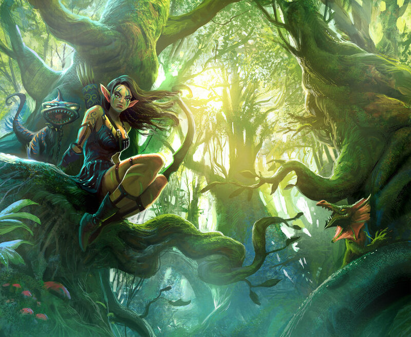 Elf Archer in Forest — Green, Dramatic, Afternoon, Digital Art
