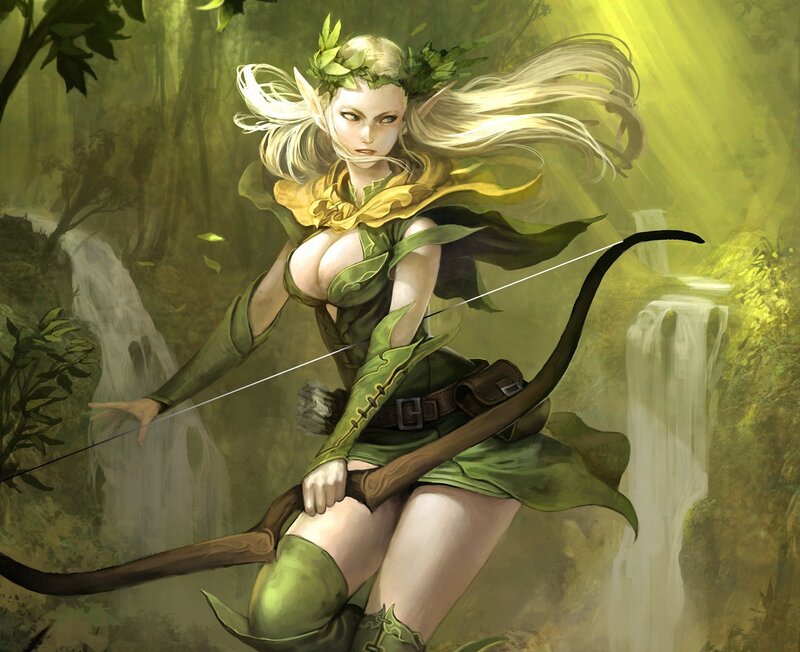 Elf Archer in Forest — Green, Dramatic, Afternoon, Digital Art, Waterfall, Bow