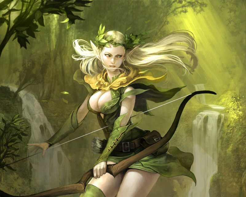 Elf Archer in Forest — Green, Dramatic, Afternoon, Digital Art, Waterfall