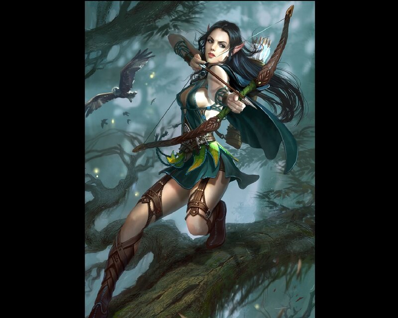 Elf Archer in Forest — Green, Dramatic, Night, Digital Art, Bow and Arrow
