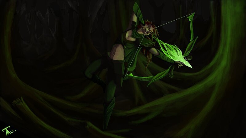 Elf Archer in Forest — Green, Dramatic, Night, Digital Art, Bow, Arrow, Black
