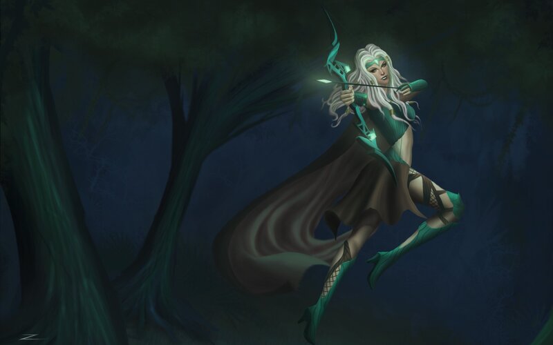 Elf Archer in Forest — Green, Dramatic, Night, Digital Art, Bow
