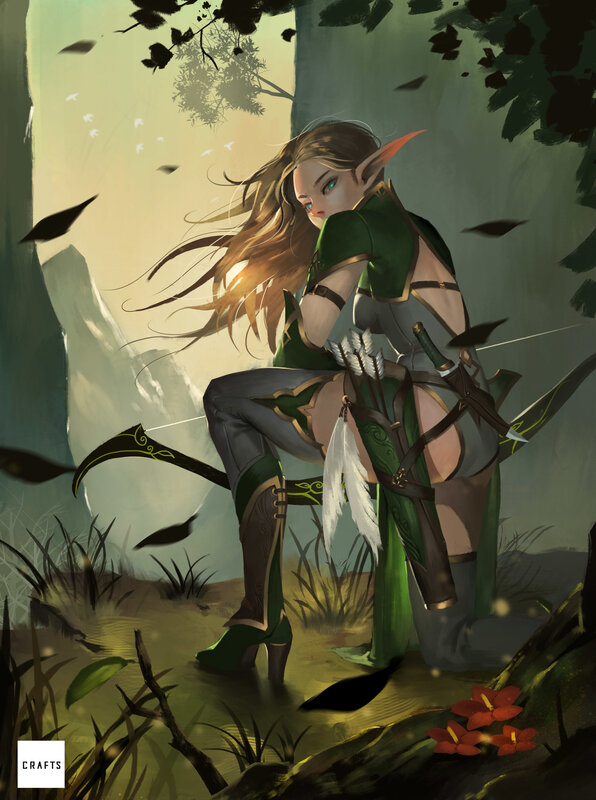 Elf Archer in Forest — Green, Dramatic, Sunset