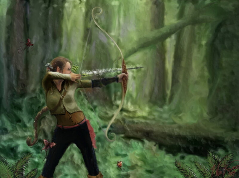 Elf Archer in Forest — Green, Focused