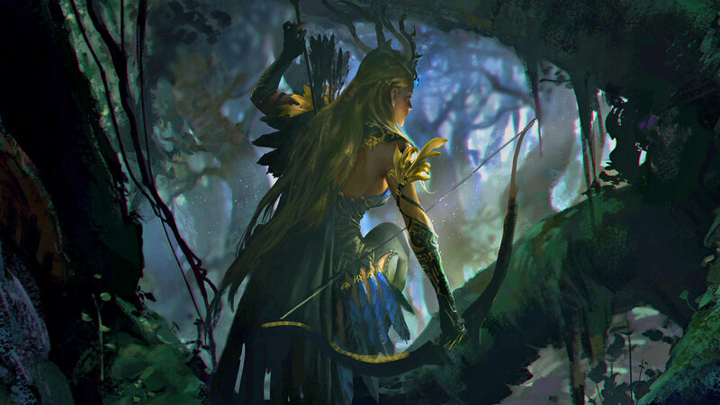 Elf Archer in Forest — Green, Mysterious, Night, Digital Art