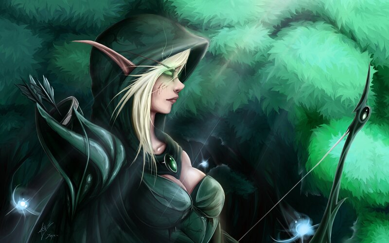 Elf Archer in Forest — Green, Serene, Night, Digital Art, Bow, Arrow