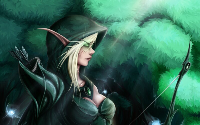 Elf Archer in Forest — Green, Serene, Night, Digital Art, Bow