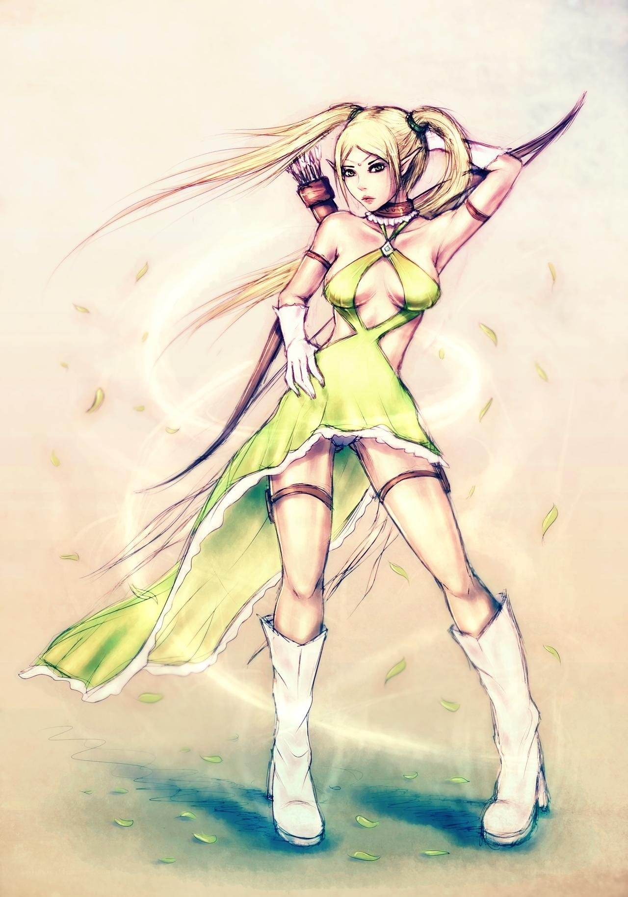 elf archer in green dress